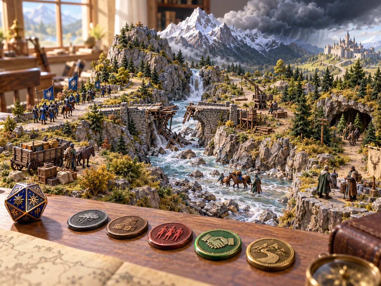 Fantasy tabletop illustration of a broken bridge and several routes represented by choice markers