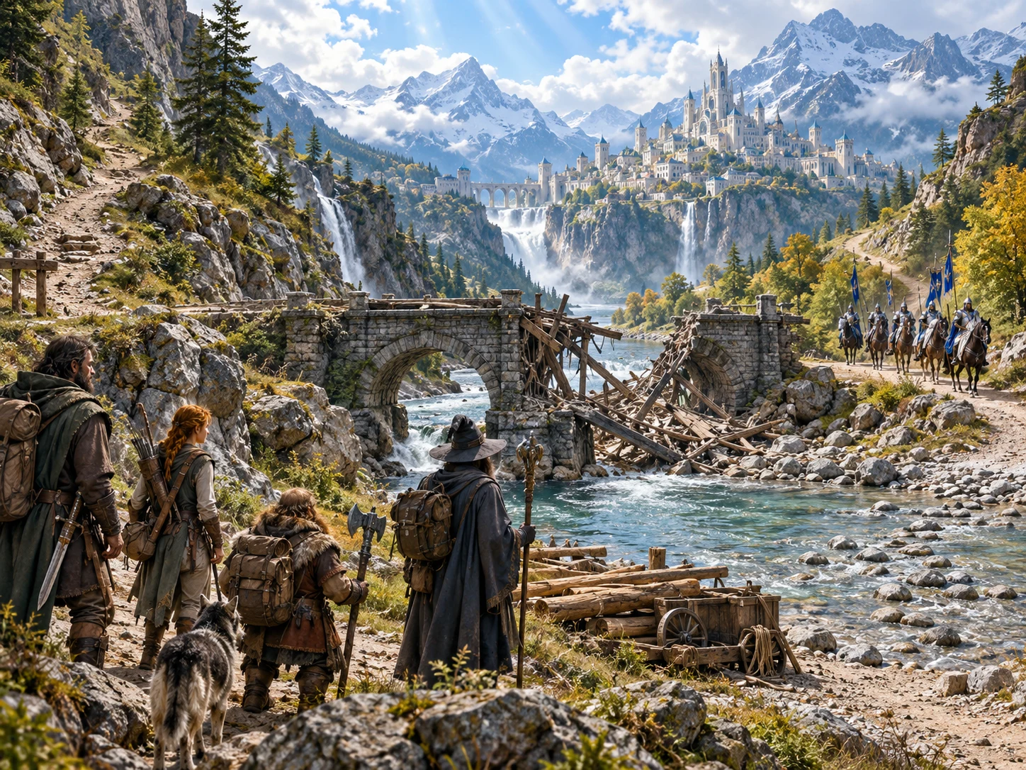 Fantasy illustration of adventurers considering a broken bridge on the route to a distant city