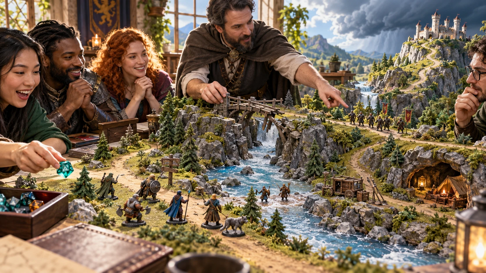 Fantasy illustration of a tabletop group considering a broken bridge and alternative routes